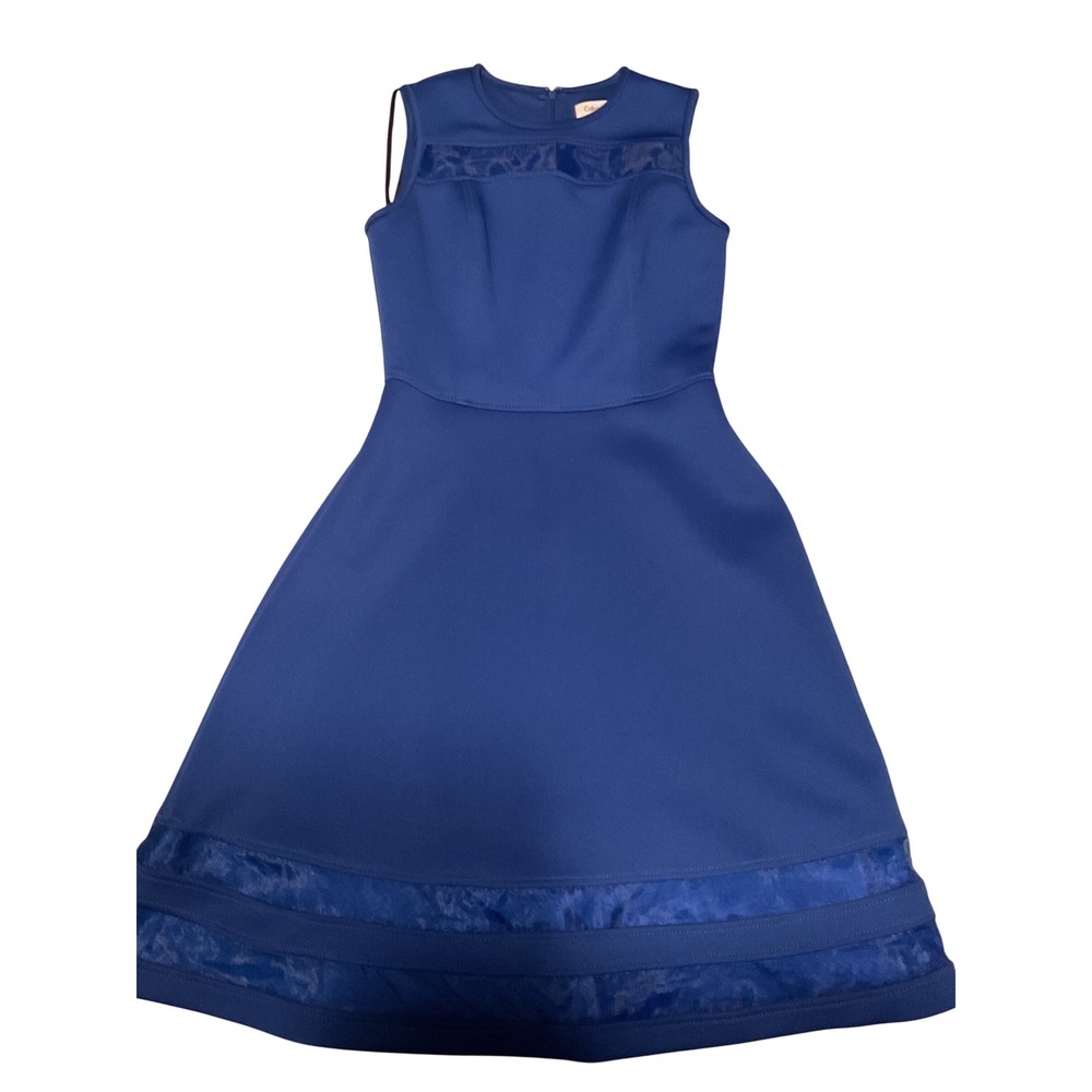 Calvin Klein Royal Blue Mesh Neckline Fit Flare Dress Sleeveless‎ Knee Length